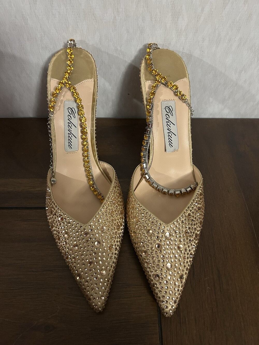 COKVKUU Gold Rhinestone Embellished Heels Slingback Sparkle Pumps Size 8.5